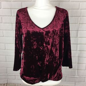 Womens Burgundy Velvet Wine Front Knot Top V Neck L Large 3/4 Sleeve